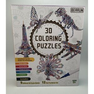 Bearun 3D Coloring Puzzles: Eiffel Tower, Dinosaur, Peacock, Plane, More NIB